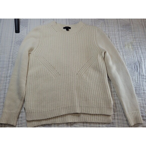 J.Crew 100% Wool Ribbed Chevron Knit Crewneck Sweater Women’s Medium Ivory Cream - Picture 1 of 12